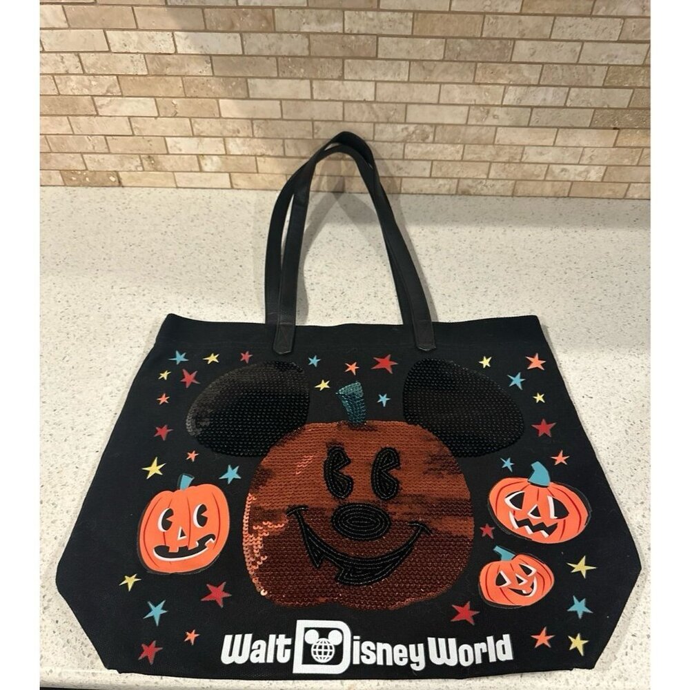 Walt Disney World Halloween black canvas sequin pumpkin tote bag